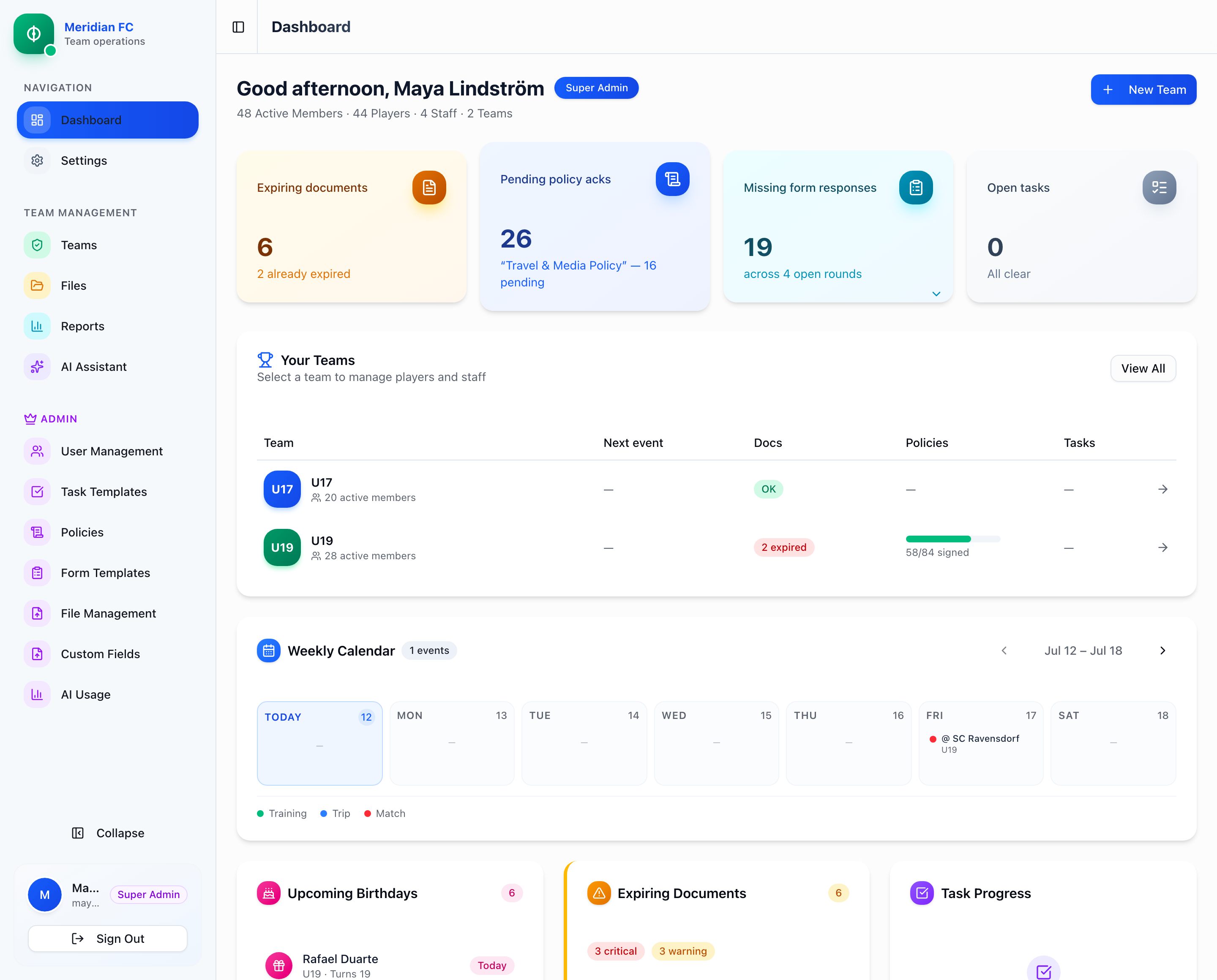 Matchday admin dashboard: KPI cards for expiring documents, pending policy acknowledgments and missing form responses, a teams health table and the weekly calendar