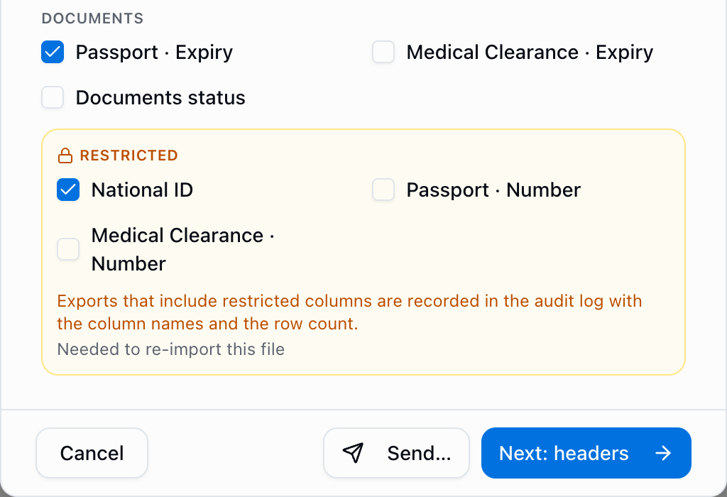 The roster export dialog with an amber Restricted group holding the national ID and document numbers, and a note that exports including them are recorded in the audit log