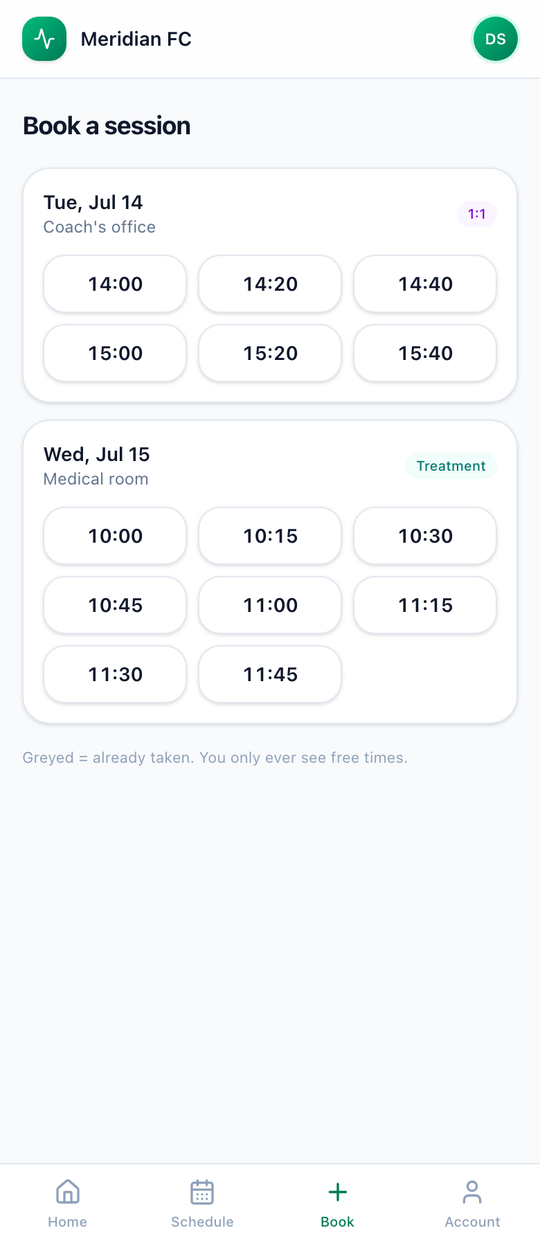 Player app booking: free physio and 1:1 time slots to book