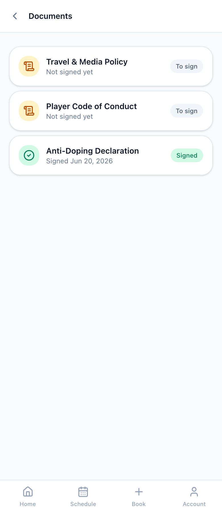 Player app documents: policies waiting for signature and one already signed