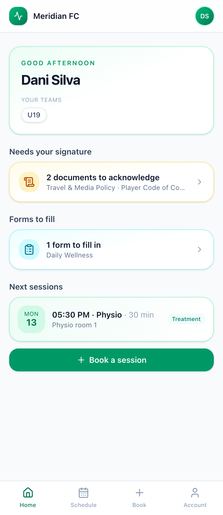 Player app home: documents to acknowledge, a wellness form to fill and the next booked physio session