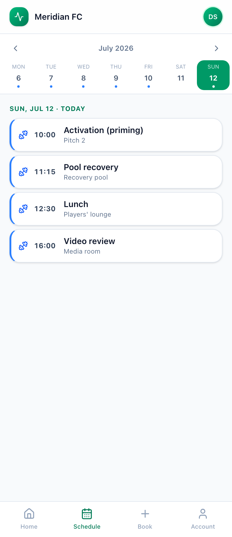 Player app schedule: the published training day with activation, pool recovery, lunch and video review