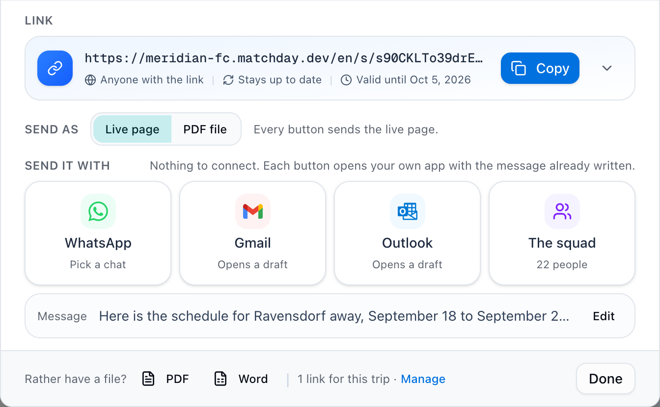 Sharing a trip schedule: a live link with a Copy button, valid until the trip ends, and buttons to send it with WhatsApp, Gmail, Outlook or to the 22 people in the squad