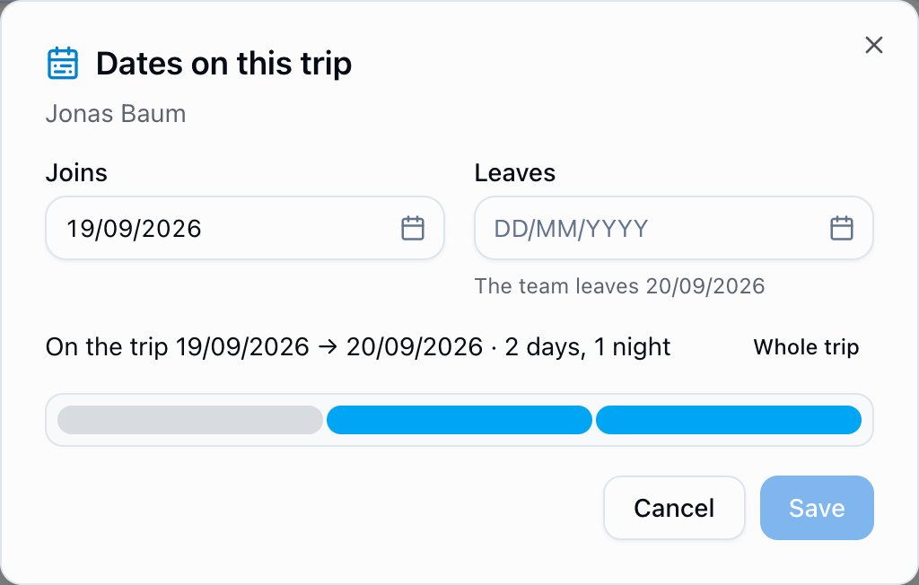 Dates on this trip for one player: joins on the second day and leaves with the team, two days and one night, with a strip showing the days he is there